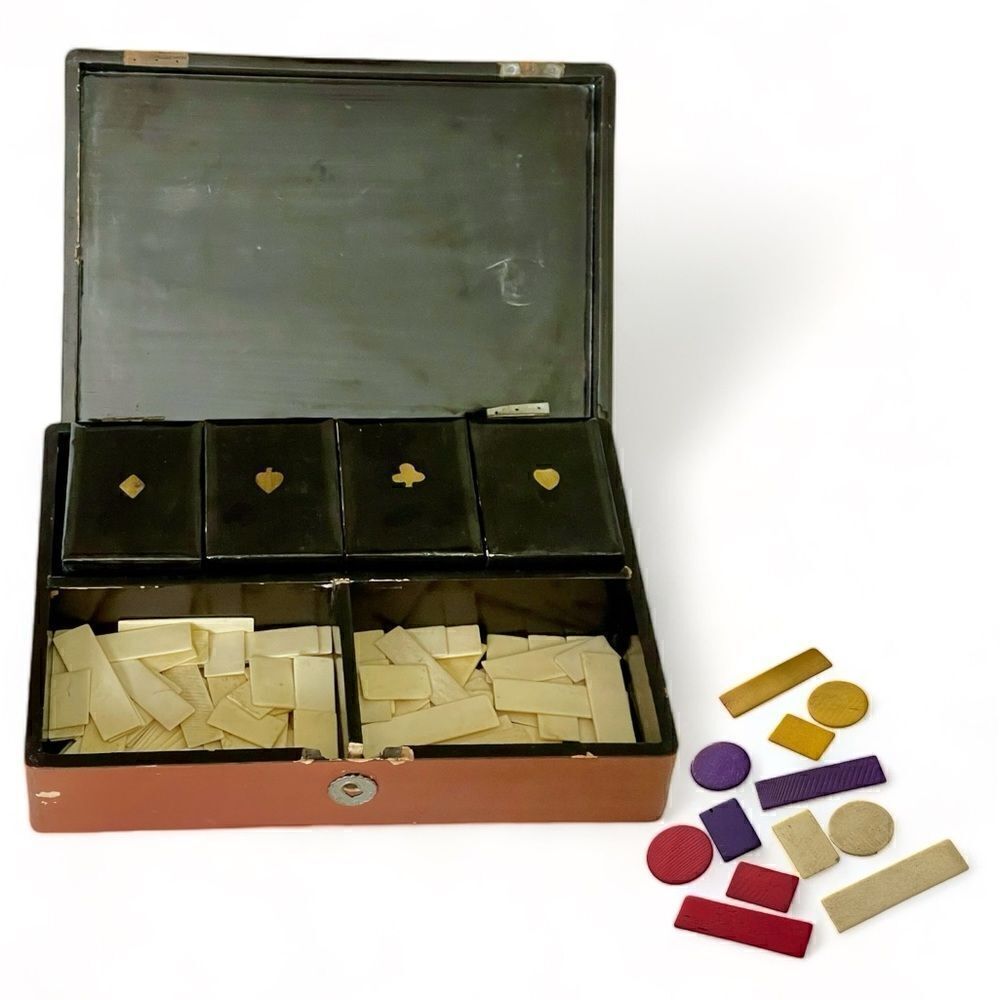 Vintage French Lacquered Wood Game Box Cellulose Jetons Lidded Compartments